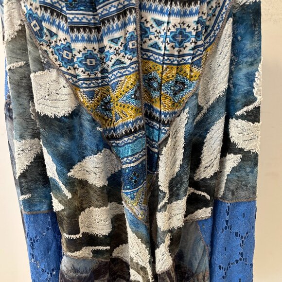 Bohemian patchwork sleeveless vest in blue, white, and gold, one size - Picture 8 of 11